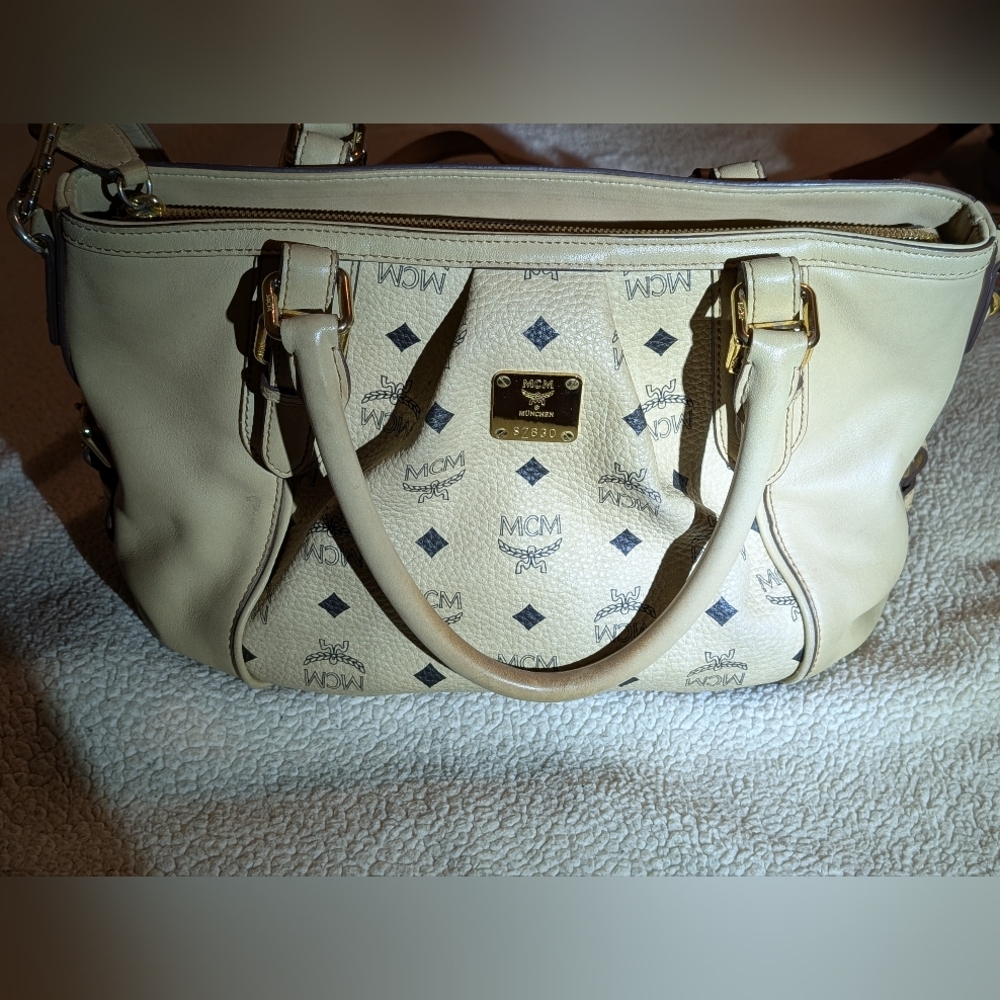 MCM Visetos Monogram Beige Two Way Crossbody Satchel Bag In Great Shape.